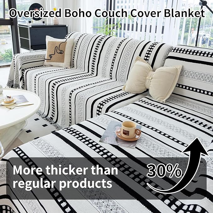 Striped Couch Cover Blankets, Boho Couch Covers, Sofa Blanket Cover for Dogs, Large Couch Covers for Loveseat Sofa, Chenille Sofas Covers Washable Sectional(1pc/Black/71 x 118")