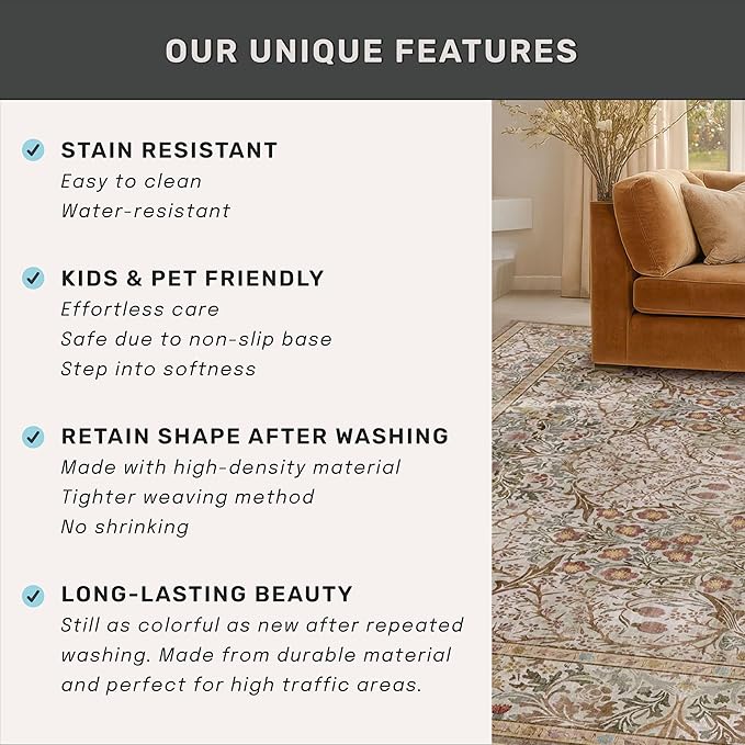 Non Slip 2x10 Moss Green Hallway Runner - 10ft Long Runner Rugs, Washable Kitchen Floor Mat - Vintage Brown Taupe Neutral Floral Design Décor