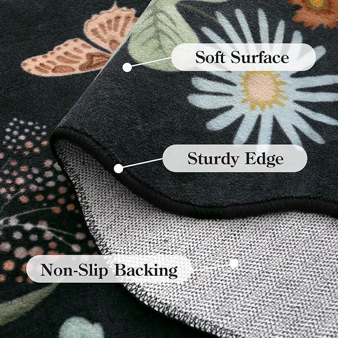 Lahome Floral 9x12 Area Rugs for Living Room Bedroom, Soft Washable Rugs 9x12 Stain Resistant, Ultra-Thin Non-Slip Boho Dining Room Rug Flore Accent Carpet for Office (9x12ft,Black/Grey)