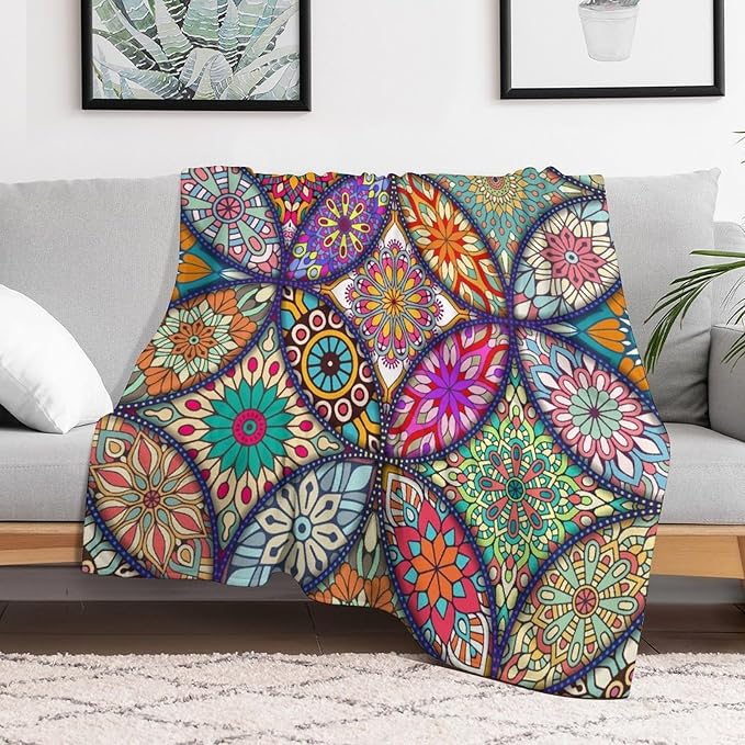 Boho Floral Throw Blanket Bohemian Colorful Mandala Flowers Print Theme Blanket for Sofa Bed Couch Chair Or Dorm 30"x40"