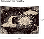 Wonrizon Sun and Moon Tapestry, Aesthetic Black Dark Spiritual Tapestries Mystic Burning Sun with Clouds Star Wall Hanging decor for Bedroom (70.9" x 94.5")