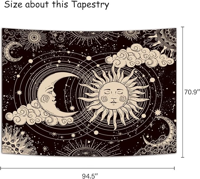Wonrizon Sun and Moon Tapestry, Aesthetic Black Dark Spiritual Tapestries Mystic Burning Sun with Clouds Star Wall Hanging decor for Bedroom (70.9" x 94.5")