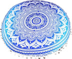 CRAFT KALA Round Mandala Boho Pillow Cover Meditation India Room Seating Poufs Cover for Living Room Yoga Room Home Décor Bedroom Balcony Garden Decoration Cotton Floor Cushion Cover (22", Blue Ombre)