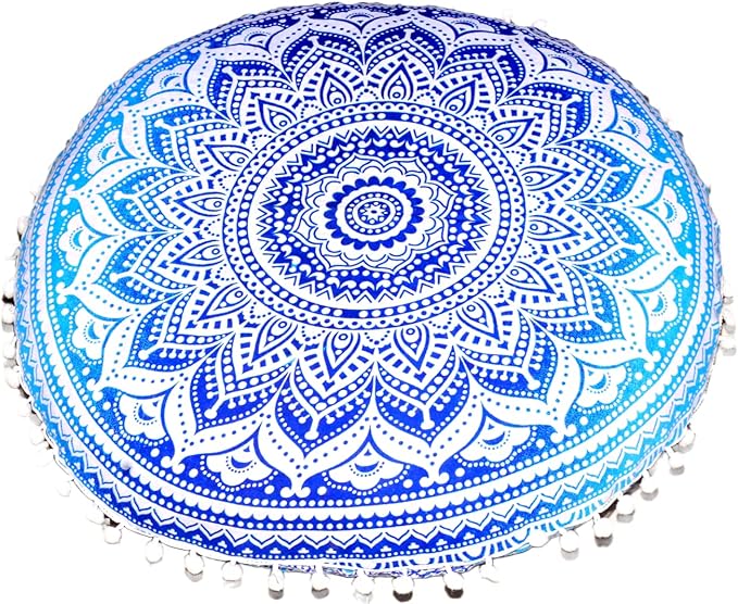 CRAFT KALA Round Mandala Boho Pillow Cover Meditation India Room Seating Poufs Cover for Living Room Yoga Room Home Décor Bedroom Balcony Garden Decoration Cotton Floor Cushion Cover (22", Blue Ombre)