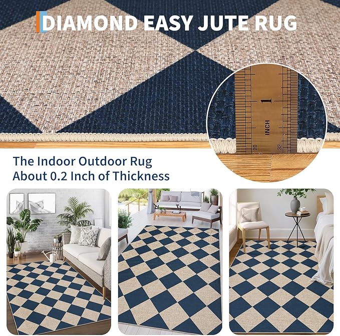 GarveeHome Easy Jute Rugs 2x8 Checkered Kitchen Runner Rugs Non Skid Washable Stain Resistant Indoor Outdoor Rugs for Living Room, Bedroom, Dining, Patio - Farmhouse Style Navy Blue