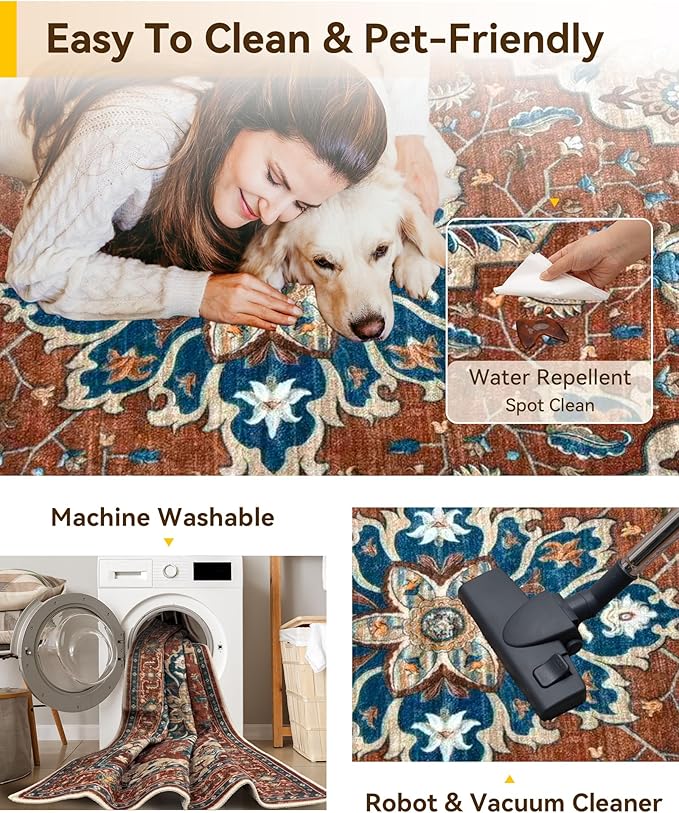 Area Rugs 5'x7' Washable Non-Slip, Floral Vintage Distress Print Pattern Medallion Carpet for Living Room Bedroom Dining Room, Red Orange Blue Brown