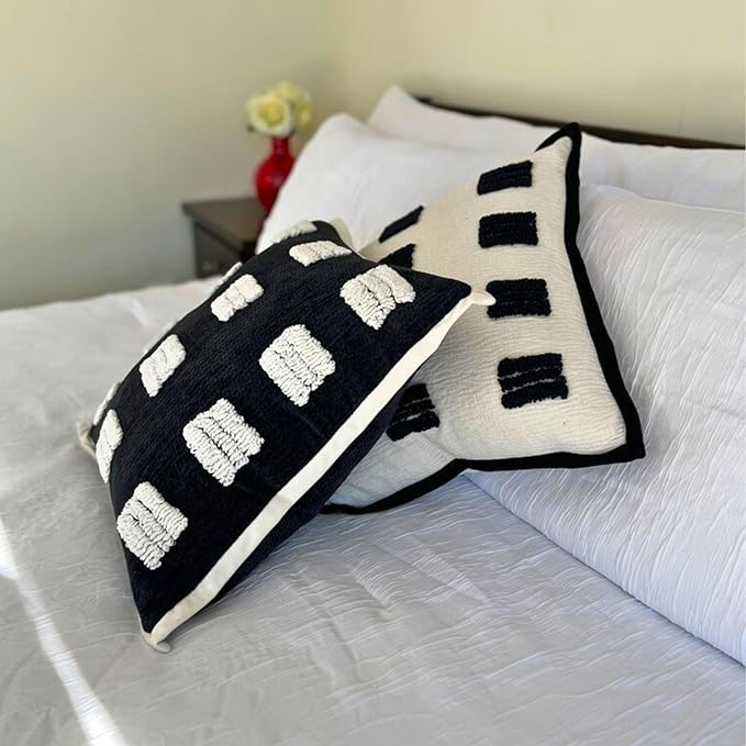 Tufted Boho Throw Pillow Cover, Soft and Luxurious Chenille Fabric, 18x18 inches, Decorative Black and White Pillowcase for Couch, Bedroom, Living Room, Modern Pillowcase for Home Decor