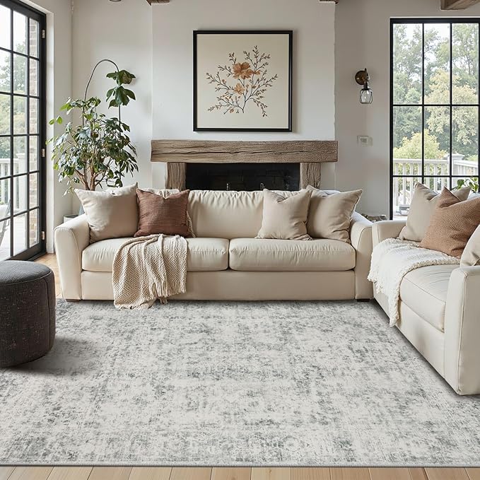 Area Rugs for Living Room Bedroom, Washable Rug, Grey Vintage Abstract Boho Rug, Non Slip & Low Pile Wool Carpet for Indoor Dining Room, Farmhouse, Kids Room and Office(Grey 4x6ft)