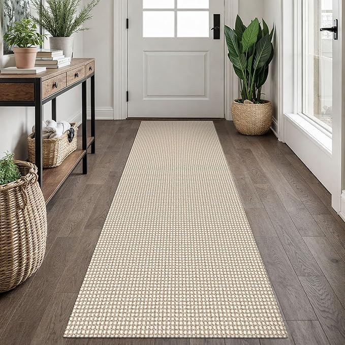 EARTHALL Woven Runner Rug 2x7 Ft Washable Runners for Hallways Cotton Non Slip Rubber Backed Kitchen Runner Braided Indoor Floor Carpet for Entryway, Hallway, Kitchen, Bedroom, Beige/Khaki