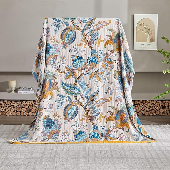 Boho Blanket for Bed 100% Cotton Bohemian Throw Blankets Ultra Soft Woven Muslin Decorative Blankets All Seasons Vintage Quilt Knitted Blanket for Sofa Chair(Beige, 90"x98")