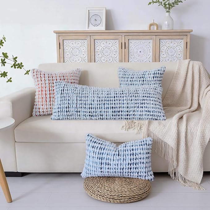 Boho Chenille Tufted Pillow Cover 14x36 Inch Set of 1, Farmhouse Striped Decorative Pillow Covers Accent Fluffy Neutral Long Body Bolster Pillow for Couch Sofa Bedroom Living Room, Blue White