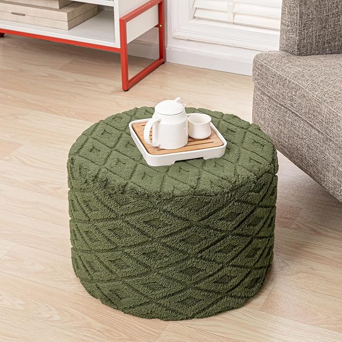 Fluffy Round Ottoman Pouf with All-in-One Foam Filling 20" x 14" Furry Ottoman Foot Rest Foot Stool for Living Room or Bedroom (Green)