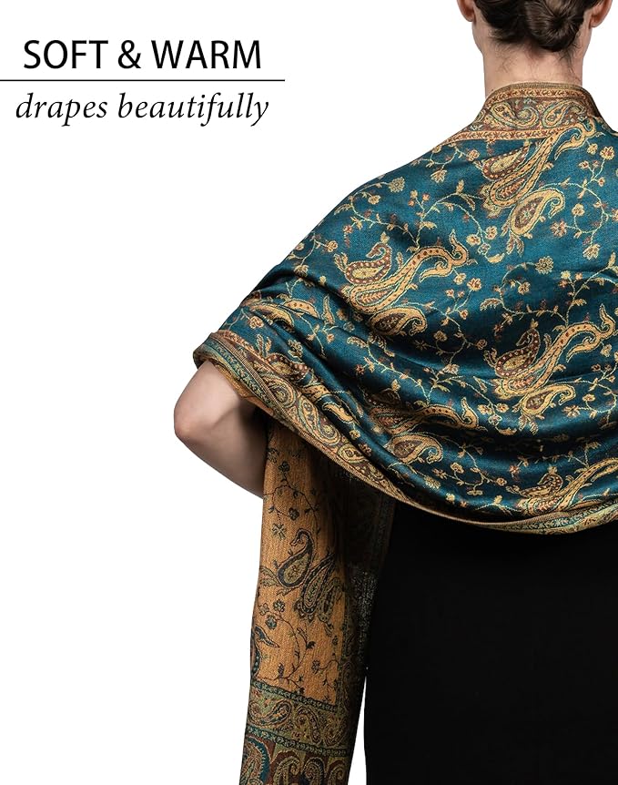 Achillea Reversible Paisley Pashmina Rave Scarf – Exotic Indian Shawls and Wraps for Evening Dresses, Festivals, All Seasons