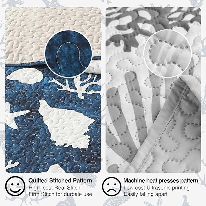 HORIMOTE HOME Coastal Quilt Bedding Set Queen Size, Reversible Navy Summer Beach Quilt Lightweight Ocean Nautical Comforter Tropical Bedspread Coverlet with 2 Pillow Shams for All Seasons (90"x96")