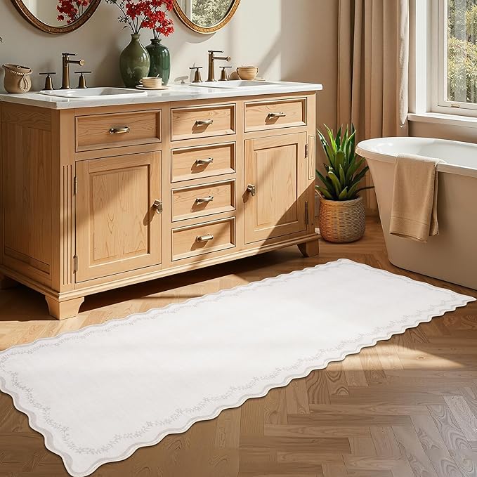 GarveeHome 2x6 Scalloped Washable Runner Rug for Kitchen, Soft Beige Hallway Runner Non Slip Entryway Rug Farmhouse Thin Laundry Mat Stain Resistant Carpet for Bedroom Bathroom Beside Rug