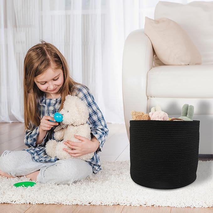 Cotton Rope Basket For Girls Boys Kids 16”X14” Baby Laundry Basket Nursery Bin Round Woven Baskets Organizer For Storage Toys Blankets Shoes Clothes black