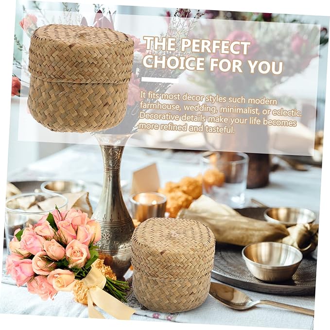 PRETYZOOM Woven Flower Basket with Lid Handmade Mini Storage Container for Sundries Seagrass Decorative Box for Home Parties and Flower Shops