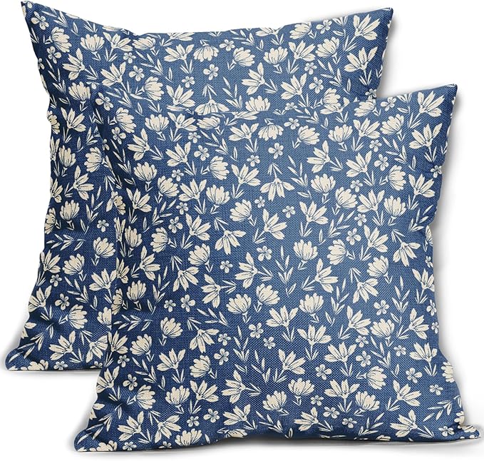 Blue Pillow Covers 20x20 Set of 2 Vintage Floral Rustic Old Style Cute Flower Print Decorative Outdoor Pillowcases Seasonal Farmhouse Throw Cushion Case Decor for Couch Sofa Bed