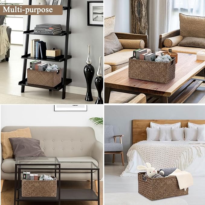 Hipiwe Seagrass Storage Baskets Bin for Shelf Organizing Rectangular Wicker Basket with Handle Handwoven Opened Baskets Bin Decorative Basket Box for Closet Bedroom Organizer
