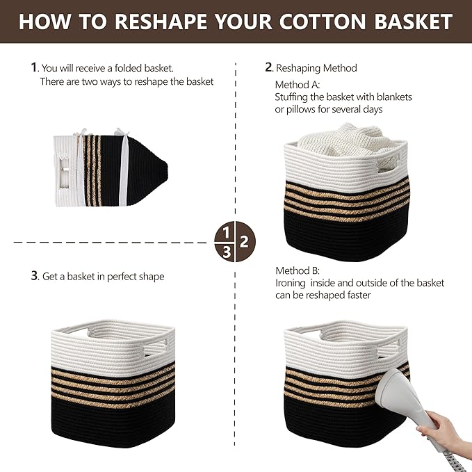 UBBCARE Set of 3 Storage Cubes 11 X 10.5 X 10.5 in, Water Hyacinth Storage Bins for Shelves, Toys, Book, Storage Baskets with Handles, Cotton Rope Woven Baskets for Organizing, Black