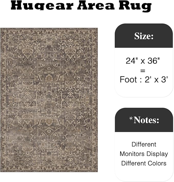 HUGEAR 2x3 Entryway Area Rug Retro Brown Small Rug Machine Washable Door Mat Vintage Floral Low Pile Carpet Vacuumable Distressed Throw Rug Entrance Kitchen Bathroom Bedroom Non Slip Lightweight