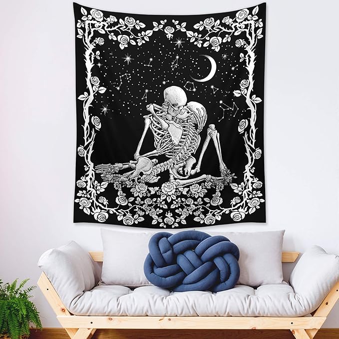 Wonrizon The Kissing Lovers Skull Tapestry,Black and White Romantic Constellation Skeleton Tapestries Wall Hanging decor for Living Room Bedroom (59.1”x 59.1”)