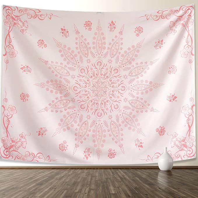 KJHL Floral Bohemian Tapestry Black and White Flower Aesthetic Tapestry Mandala Room Decor Wall Hanging Boho Tapestries for Bedroom Dorm(Pink, 44" x 60")