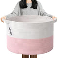 90L Large Blanket Basket,21.7"L x 21.7"W x 13.8"H Rope Woven Baskets with Handles, Toys Storage Bins,Laundry Basket Perfect for Living Room, Nursery,Bedroom,Home Organization,White&Pink