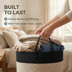65L Extra Large Blanket Basket for Living Room - Woven Cotton Rope Laundry Hamper with Reinforced Handles - Storage Bin for Pillows, Comforters & Toys - Machine Washable,Black&Jute