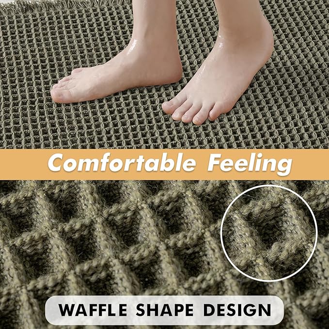 MIULEE Set of 2 Waffle Bathroom Rugs, Super Absorbent Non Slip Bath Rugs, Washable Bath Mats with Tassels, Ultra Soft Rubber Backed Shower Mats for Bathroom Floor, Tub, Green, 18x30 Inch