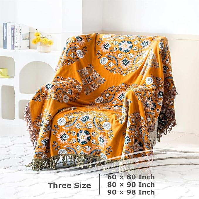 Boho Throw Blanket for Bed 100% Cotton Soft Lightweight Quilt Floral Embroidery Home Decor Spring Breathable Bed Blanket,80"x90" All Season Reversible Yellow Blankets for Sofa Couch Chair