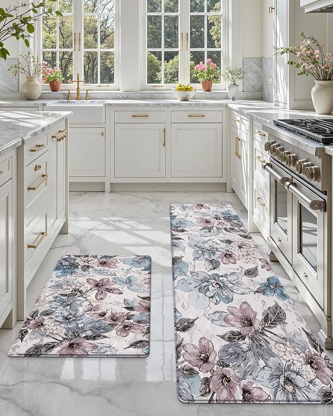 DEXI Kitchen Mats for Floor 2 Piece Set, 17x29+17x59, Cushioned Standing Mat Anti Fatigue, Waterproof Comfort Floral Padded for Laundry Room Office, Pink and Teal
