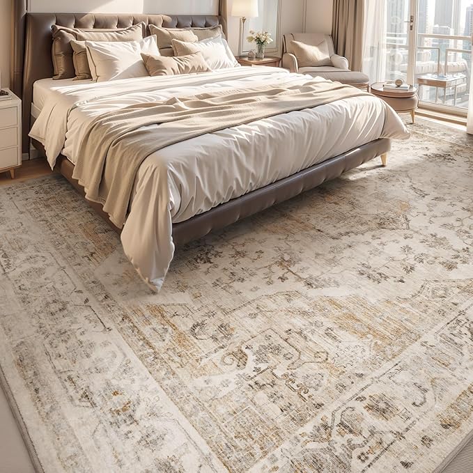 AMOAMI-Area Rug 9X12 Rugs for Living Room-Vintage Soft Beige Rugs for Bedroom-Non Slip Carpet-Washable Rug for Dining Room Living Room Bedroom Office Under Table