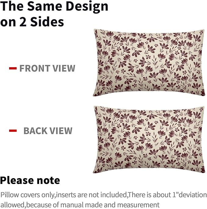 Burgundy Floral Pillow Covers 12x20 Set of 2 Vintage Rustic Old Style Cute Small Flower Cream Print Rectangle Decorative Outdoor Pillowcases Farmhouse Throw Cushion Case Couch Sofa Bed Decor