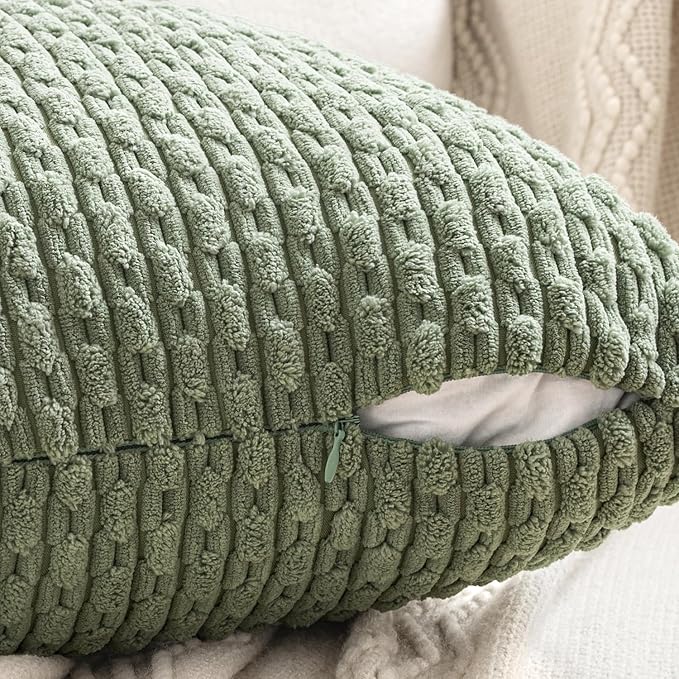 MIULEE Sage Green Decorative Throw Pillow Covers for Couch Living Room 18x18 Inch Soft Pillow Cases Set of 4 Boho Striped Corduroy Farmhouse Cushion Covers Spring Home Decor for Sofa Bed