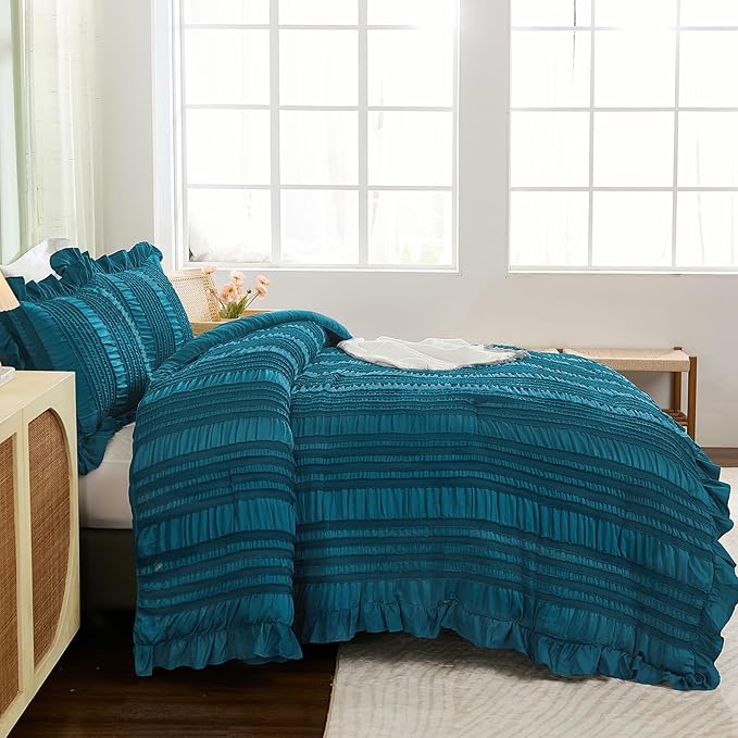 WONGS BEDDING Teal Comforter Set King,3 Pieces Ruffle Farmhouse Shabby Chic Comforter for King Bed,Soft Textured Boho Bedding Set with 1 Ruffle Comforter,2 Tufted Pillowcases 104"×90"