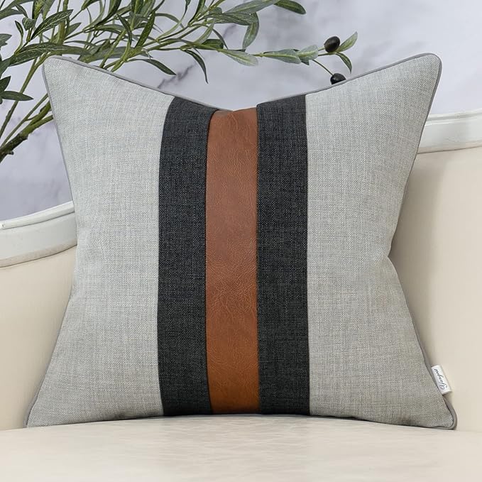 Yangest Patchwork Pillow Cover 20x20 Inch Luxury Cotton and Linen Cushion Cover Faux Leather Pillowcover for Couch Bedroom Living Room, Gray