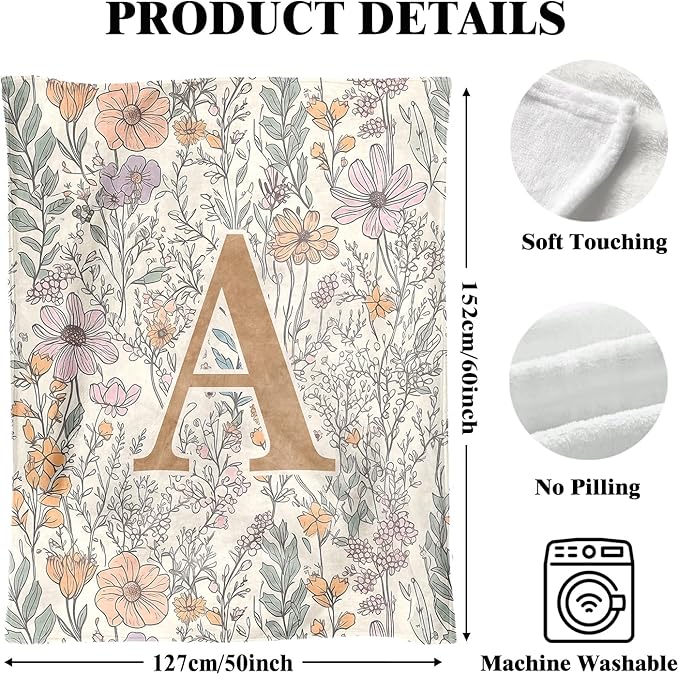 JXREQ Throw Blanket Initial Letter A Personalized Monogrammed Gifts for Women Teen Girls Frends, Boho Floral Throw Blankets for Bed Sofa Living Room Office, 50x60 Inch