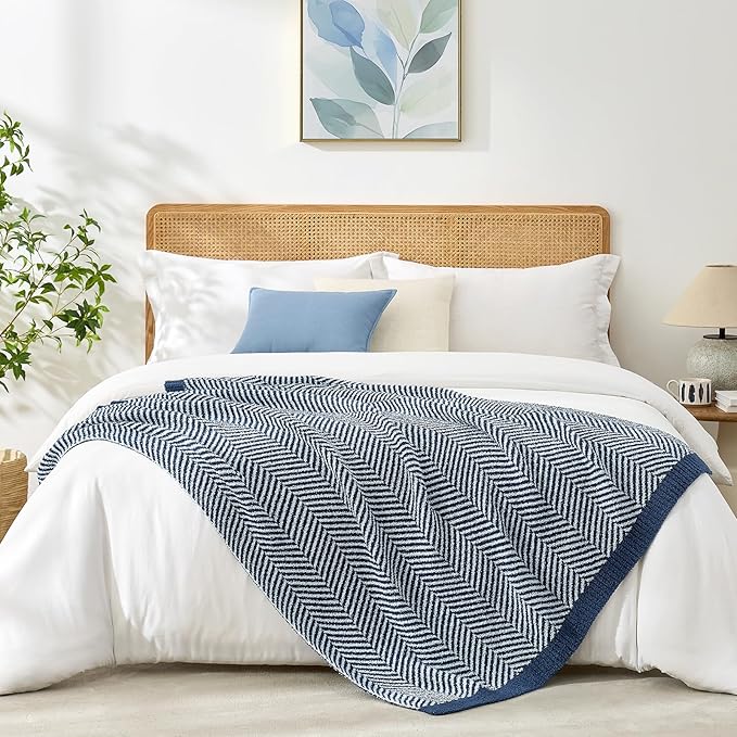 Snuggle Sac Herringbone Throw Blanket for Couch, Reversible Super Soft Warm Blankets Cozy Knit Fuzzy Plush Lightweight Throws for Sofa, Bed, Camping, Navy, 50x60 inches