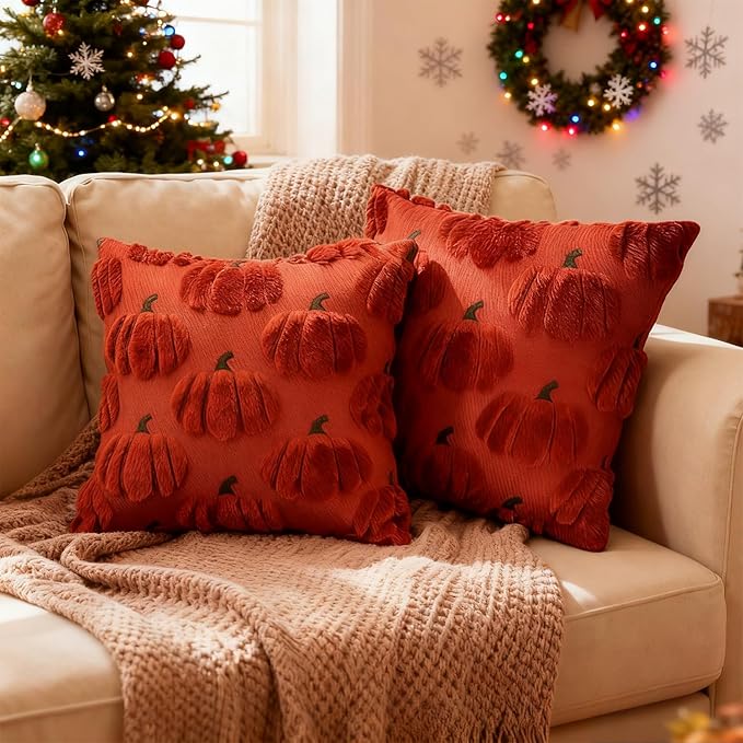 Fall Pumpkin Decorative Throw Pillow Covers 24x24 Set of 2 Pillow Covers, Faux Fur Square Pillow Cover Fluffy Plush Accent Throw Pillow Case, Throw Pillow Cover Cushion Cover for Autumn, Rust Red