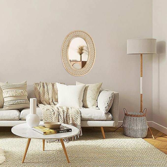Oval Rattan Wall Mirror – 24x32 Inch Boho Elegance with Woven Frame, Decorative Mirror for Bathroom Vanity Entryway Living Room