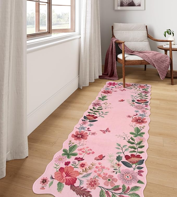 Lahome Floral Kitchen Runner, 2X6 Washable Runner Rug Non-Slip, Ultra-Thin Soft Hallway Rug Stain Resistant Boho Carpet for ‎Bedroom Laundry Bathroom Flore, Pink
