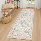Lahome Sylvie Boho Hallway Runner Rug 2x6,Floral Kitchen Runner Rugs Non Skid Washable,Super Soft Indoor Throw Carpet for Girls Bedroom Bedside Bathroom Laundry Room, Pink/Multi