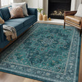 Classic Teal 5x8 Area Rugs for Living Room, Vintage Medallion Dining Room Rug Washable Non Slip, Boho Unique Low Pile Thin Carpet Rugs for Den/Bedroom/Foyer/Home Office