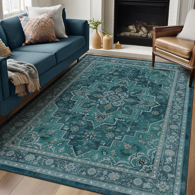 Classic Teal 5x8 Area Rugs for Living Room, Vintage Medallion Dining Room Rug Washable Non Slip, Boho Unique Low Pile Thin Carpet Rugs for Den/Bedroom/Foyer/Home Office