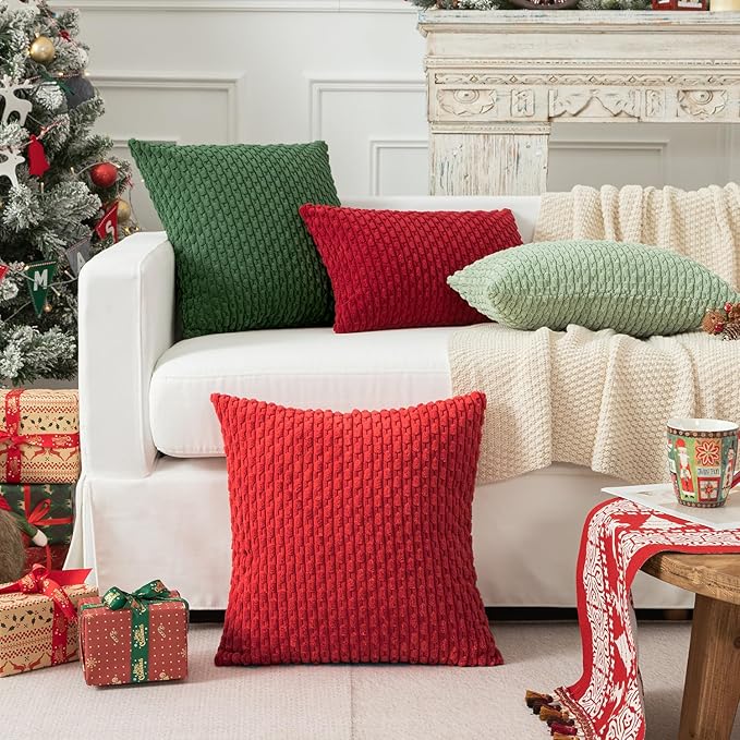 Kevin Textile Valentines 12x20 Inch Pillow Cover 1 Pack Boho Decorative Soft Striped Corduroy Lumbar Farmhouse Color Accent Rectangle Cushion Case for Living Room Couch Sofa Bed, Red