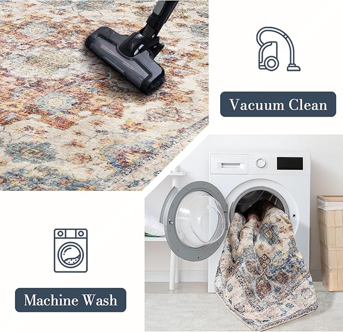 Area Rug 6×9, Large Vintage Boho Rug,Ultra-Soft Low Pile, Washable, Non Slip,Stain Resistant, Printed Carpet for Living Room Bedrooms Playroom Office Kitchen, Blue/Red
