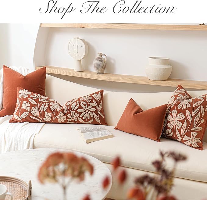 BlissBlush 14x36 Lumbar Pillow Cover for Bed, Brick Red Rectangular Long Throw Pillowcase, Embroidered Velvet Floral Tufted Farmhouse Accent Cushion (Cover Only)