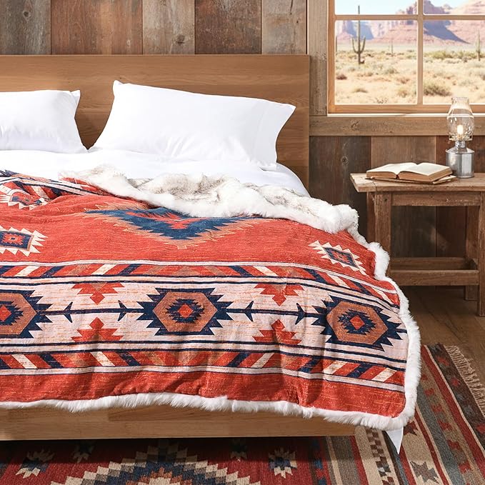 Luxury Plush Faux Fur Throw Blanket with Aztec Pattern, Super Warm, Fuzzy, Elegant, Fluffy Decoration Blanket for Couch, Armchair, Sofa and Bed, 60''x 80'', Red