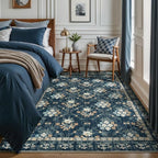 Lessymo Dining Room Rugs for Under Table, 6x9 Washable Area Rug for Living Room, Low Pile Non-Slip Floor Carpet for Bedroom, Stain Resistance Vintage Floral Design Décor, Navy/Beige